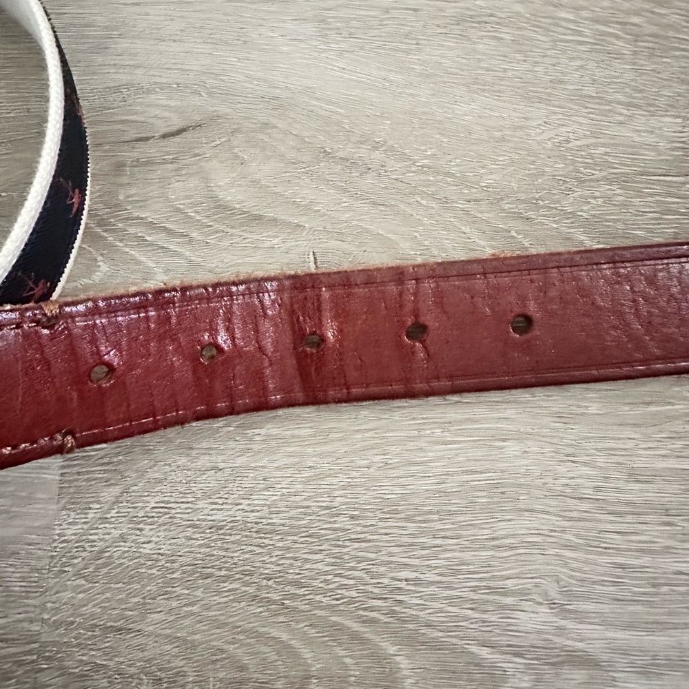 J.Crew Brown Leather and Cotton Belt size 36” Flamingo Printed Preppy - Picture 3 of 6